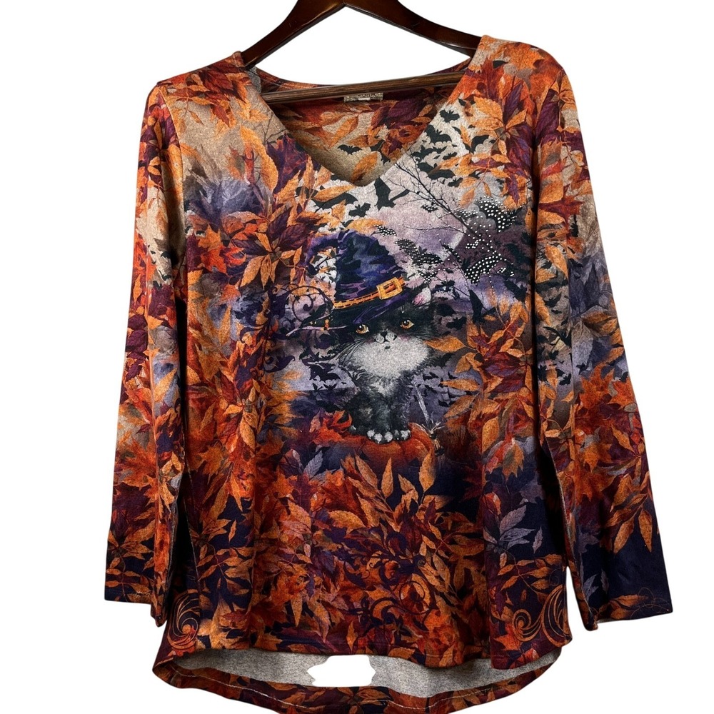 Black Cat Witch Halloween Top Women XL One World Bling V-Neck Whimsigoth Witchy